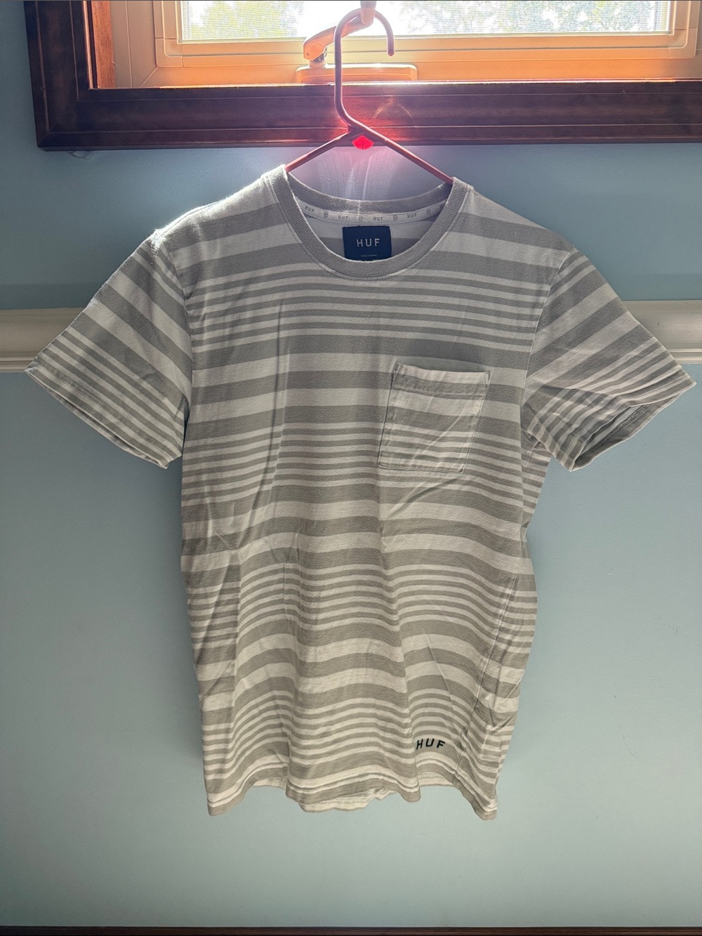 HUF Grey and White Striped T-Shirt (Small)
